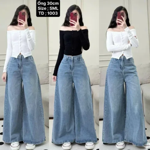 Quần jeans nữ xanh dáng suông loe, ống rộng, vải dày mềm không co giãn