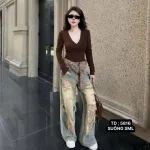 Quần Jeans Nữ Trơn Ống Rộng Vải Dày Mềm Không Co Giãn
