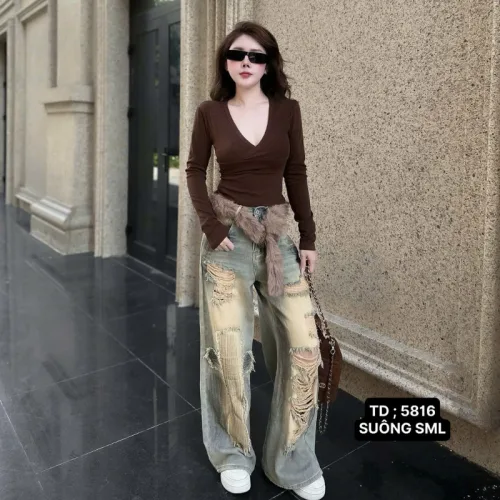 Quần Jeans Nữ Trơn Ống Rộng Vải Dày Mềm Không Co Giãn
