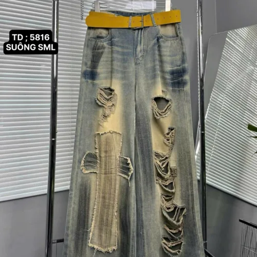 Quần Jeans Nữ Trơn Ống Rộng Vải Dày Mềm Không Co Giãn