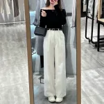 Quần Jeans Nữ Trơn Ống Rộng Vải Dày Mềm Không Co Giãn