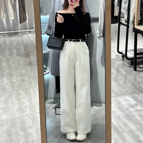 Quần Jeans Nữ Trơn Ống Rộng Vải Dày Mềm Không Co Giãn