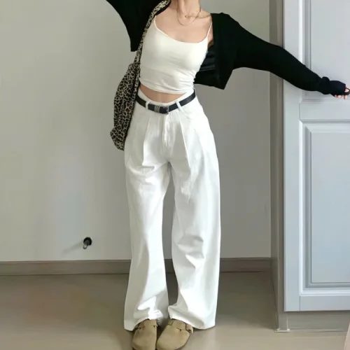 Quần Jeans Nữ Trơn Ống Rộng Vải Dày Mềm Không Co Giãn