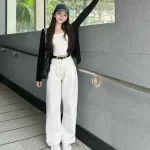 Quần Jeans Nữ Trơn Ống Rộng Vải Dày Mềm Không Co Giãn