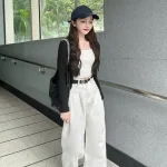 Quần Jeans Nữ Trơn Ống Rộng Vải Dày Mềm Không Co Giãn