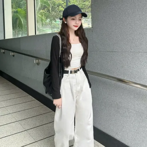 Quần Jeans Nữ Trơn Ống Rộng Vải Dày Mềm Không Co Giãn