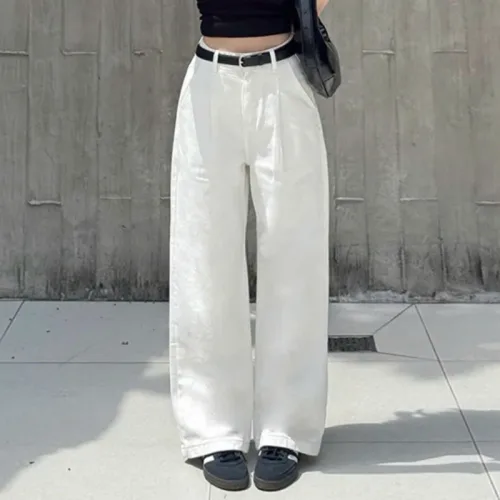 Quần Jeans Nữ Trơn Ống Rộng Vải Dày Mềm Không Co Giãn