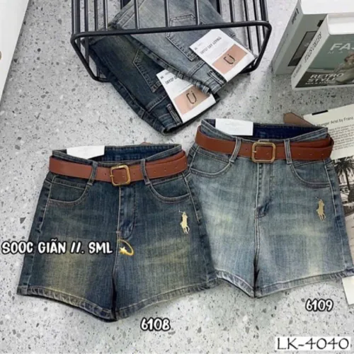 Quần Short Jean Nữ Thêu Logo Không Co Giãn Đứng Form Chuẩn
