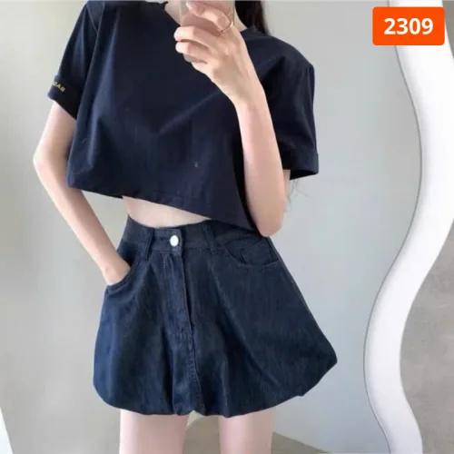 Quần Short Jean Nữ Thêu Logo Không Co Giãn Đứng Form Chuẩn