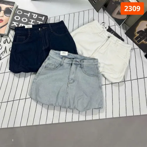 Quần Short Jean Nữ Thêu Logo Không Co Giãn Đứng Form Chuẩn