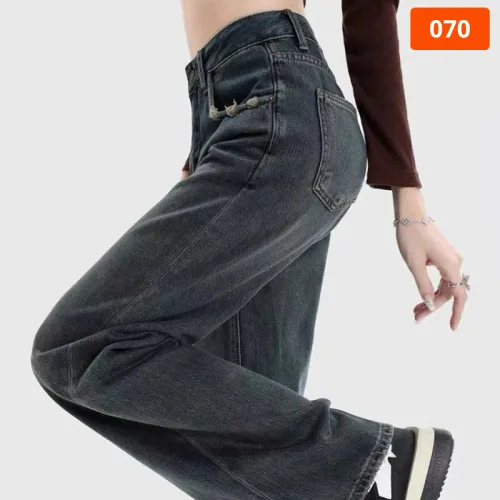 Quần Jeans Nữ Dáng Suông Lửng Rách Túi Vải Dày Mềm