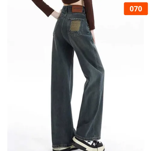 Quần Jeans Nữ Dáng Suông Lửng Rách Túi Vải Dày Mềm