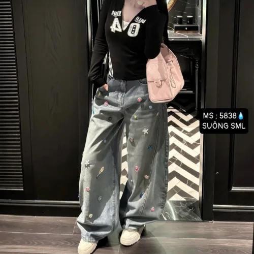 Chuyên sỉ quần Thụng Jeans Nữ Thêu Ngôi Sao Vải Dày Mềm Không Co Giãn