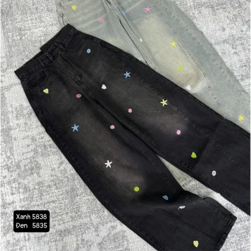Chuyên sỉ quần Thụng Jeans Nữ Thêu Ngôi Sao Vải Dày Mềm Không Co Giãn