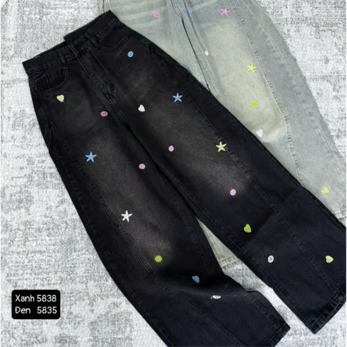 Chuyên sỉ quần Thụng Jeans Nữ Thêu Ngôi Sao Vải Dày Mềm Không Co Giãn
