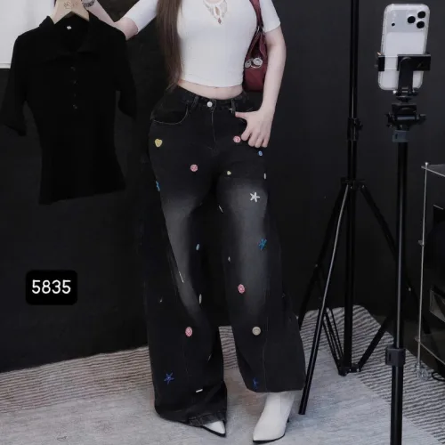 Chuyên sỉ quần Thụng Jeans Nữ Thêu Ngôi Sao Vải Dày Mềm Không Co Giãn