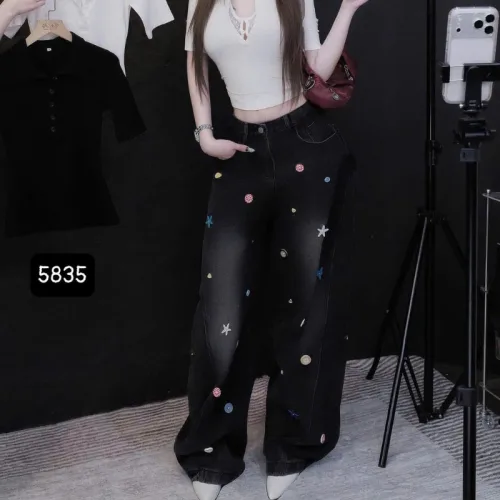 Chuyên sỉ quần Thụng Jeans Nữ Thêu Ngôi Sao Vải Dày Mềm Không Co Giãn