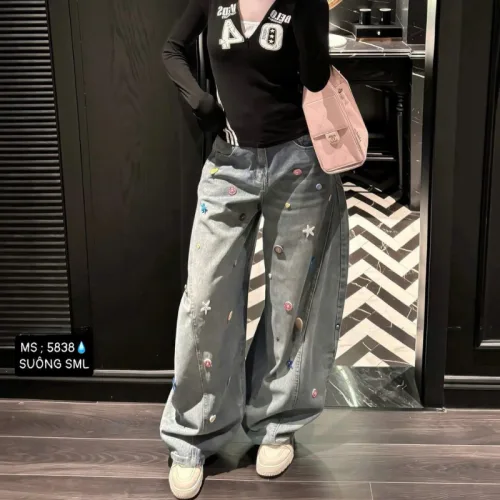Chuyên sỉ quần Thụng Jeans Nữ Thêu Ngôi Sao Vải Dày Mềm Không Co Giãn