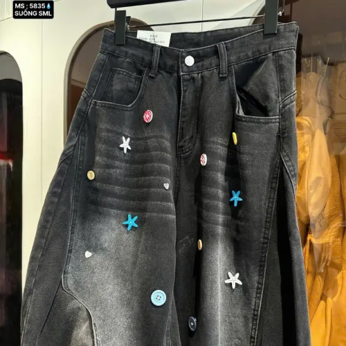 Chuyên sỉ quần Thụng Jeans Nữ Thêu Ngôi Sao Vải Dày Mềm Không Co Giãn