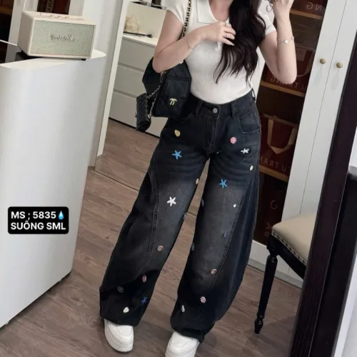 Chuyên sỉ quần Thụng Jeans Nữ Thêu Ngôi Sao Vải Dày Mềm Không Co Giãn