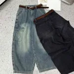 Quần Thụng Jeans Nữ Túi Hộp Vải Dày Mềm Không Co Giãn