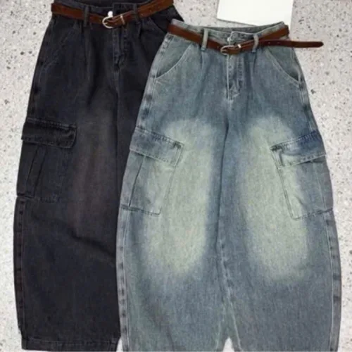 Quần Thụng Jeans Nữ Túi Hộp Vải Dày Mềm Không Co Giãn