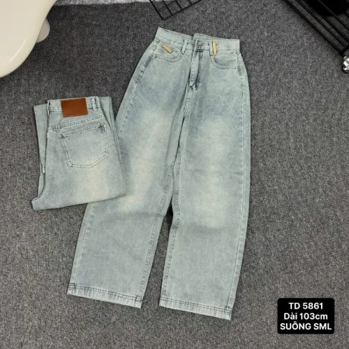 Quần Thụng Jeans Nữ Túi Hộp Vải Dày Mềm Không Co Giãn