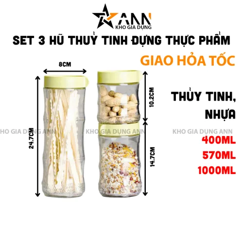 Bộ 3 lọ thủy tinh cao cấp đựng thực phẩm dung tích 400ml, 570ml và 1000ml