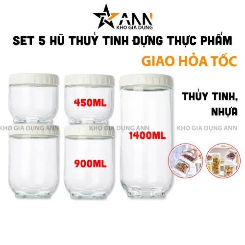 Bộ 5 lọ thủy tinh đựng đồ khô, dung tích 450, 900 và 1400 ml