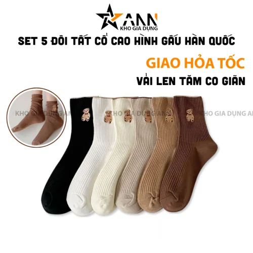 Bộ 5 đôi tất cổ cao họa tiết hình gấu phong cách Hàn Quốc