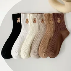 Bộ 5 đôi tất cổ cao họa tiết hình gấu phong cách Hàn Quốc