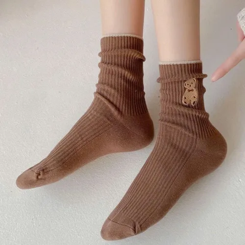 Bộ 5 đôi tất cổ cao họa tiết hình gấu phong cách Hàn Quốc