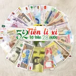 Bộ 52 tờ tiền giấy sưu tập từ 28 quốc gia kèm túi lì xì trưng bày