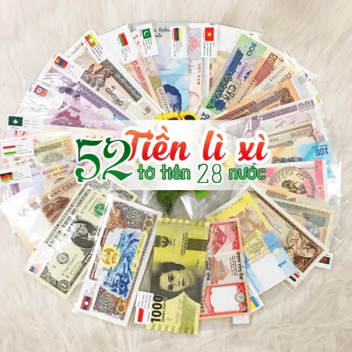 Bộ 52 tờ tiền giấy sưu tập từ 28 quốc gia kèm túi lì xì trưng bày