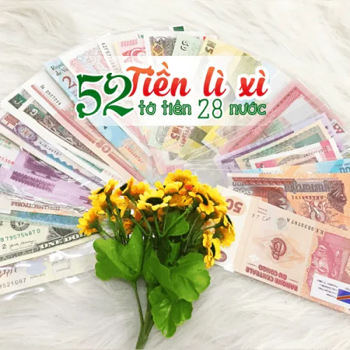 Bộ 52 tờ tiền giấy sưu tập từ 28 quốc gia kèm túi lì xì trưng bày