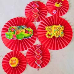 Chỗ sỉ set 6 Quạt Xếp Đỏ In Ép Kim Nhiều Chữ Trang Trí Tết (Nhiều Mẫu)