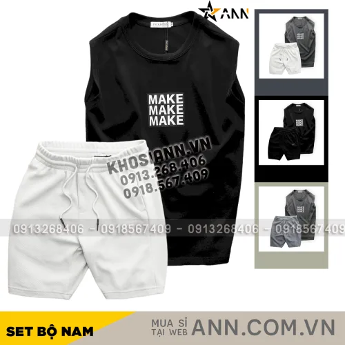Chuyên sỉ set Bộ Nam Áo Ba Lỗ In Chữ Make Quần Short Thun Thêu Chữ Boston