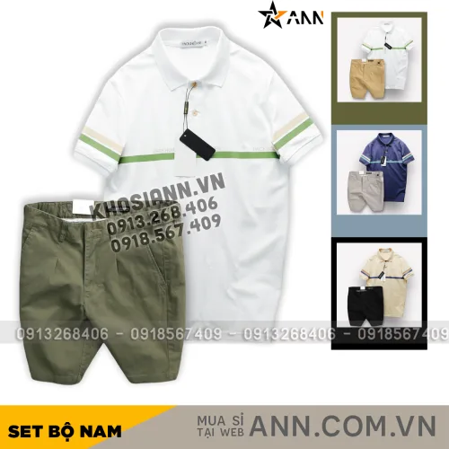 Chuyên sỉ set Bộ Nam Áo Polo Cổ Bẻ Viền Hai Sọc Quần Short Kaki Cúc Đen