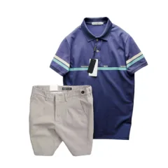 Chuyên sỉ set Bộ Nam Áo Polo Cổ Bẻ Viền Hai Sọc Quần Short Kaki Cúc Đen