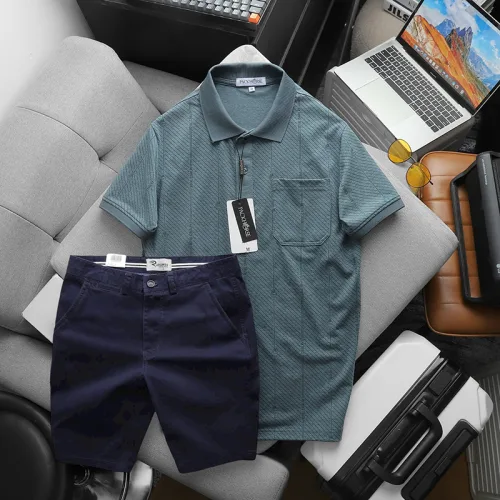 Bộ nam cao cấp: áo thun cổ bẻ túi trước ngực và quần short kaki, có size 3XL