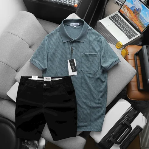 Bộ nam cao cấp: áo thun cổ bẻ túi trước ngực và quần short kaki, có size 3XL