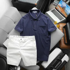 Bộ nam cao cấp: áo thun cổ bẻ túi trước ngực và quần short kaki, có size 3XL