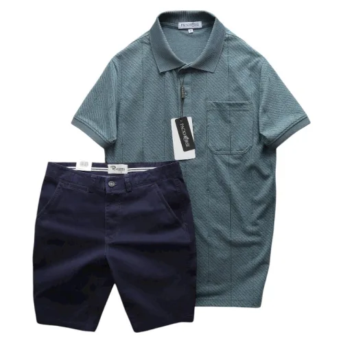 Bộ nam cao cấp: áo thun cổ bẻ túi trước ngực và quần short kaki, có size 3XL
