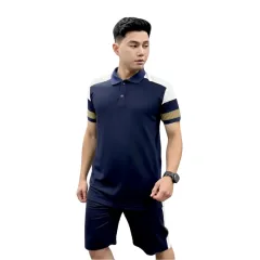 Nguồn hàng sỉ set Bộ Nam Áo Thun Cổ Bẻ Phối Sọc Màu + Quần Short Thun Thể Thao (Big Size)