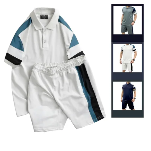 Nguồn hàng sỉ set Bộ Nam Áo Thun Cổ Bẻ Phối Sọc Màu + Quần Short Thun Thể Thao (Big Size)