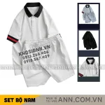 Set bộ nam áo thun cổ bẻ sọc tay phối quần short thun big size