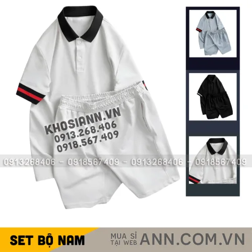 Set bộ nam áo thun cổ bẻ sọc tay phối quần short thun big size