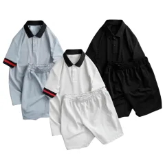 Set bộ nam áo thun cổ bẻ sọc tay phối quần short thun big size