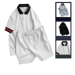 Set bộ nam áo thun cổ bẻ sọc tay phối quần short thun big size