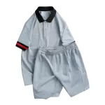 Set bộ nam áo thun cổ bẻ sọc tay phối quần short thun big size